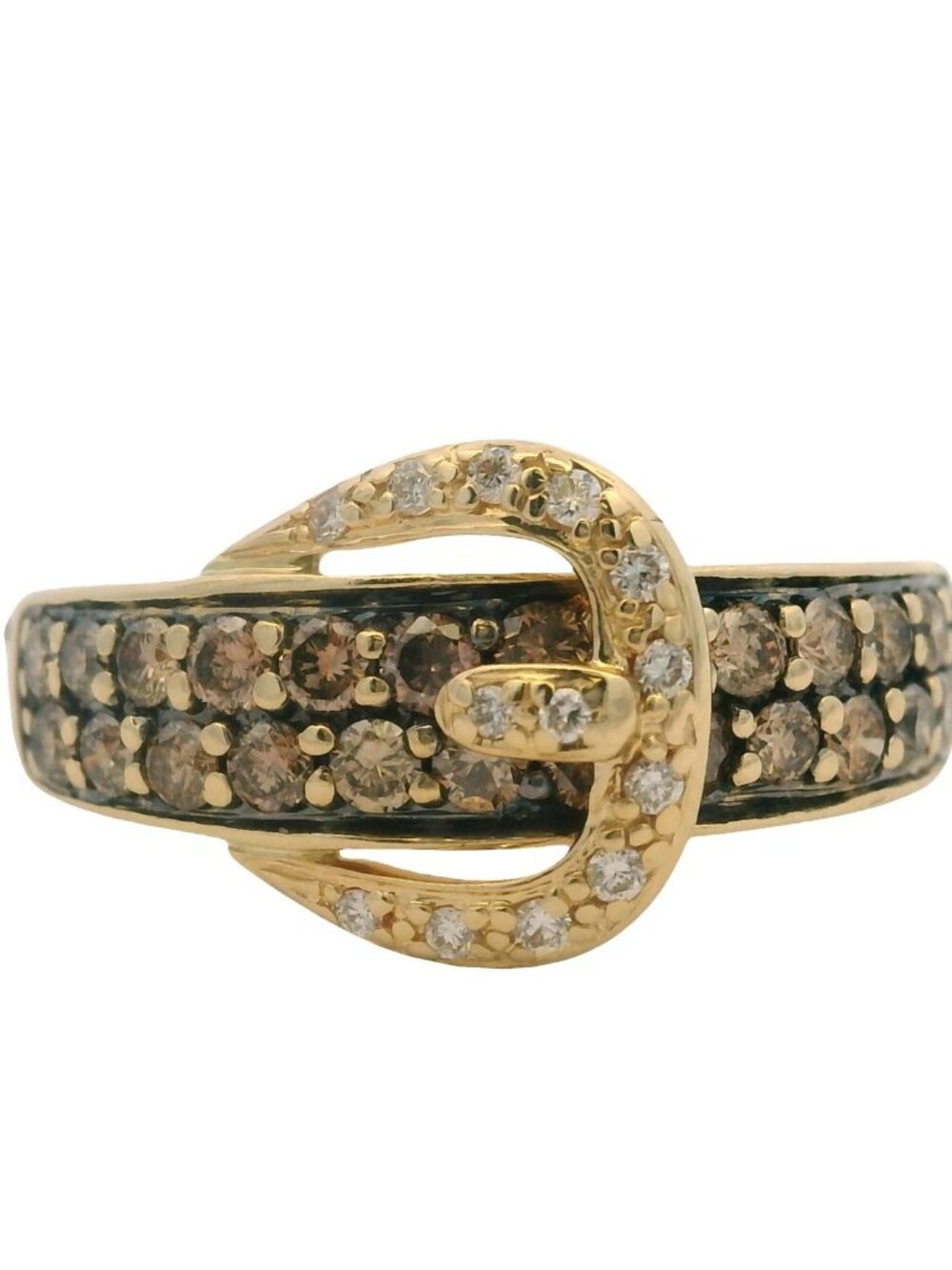 LeVian 14kt Yellow Gold and Brown and White Diamond Belt Buckle Ring Size 7